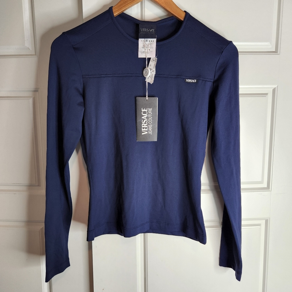 VERSACE JEANS COUTURE navy blouse top shirt size Small XS 2 4 6 Y2K 2001 Vintage